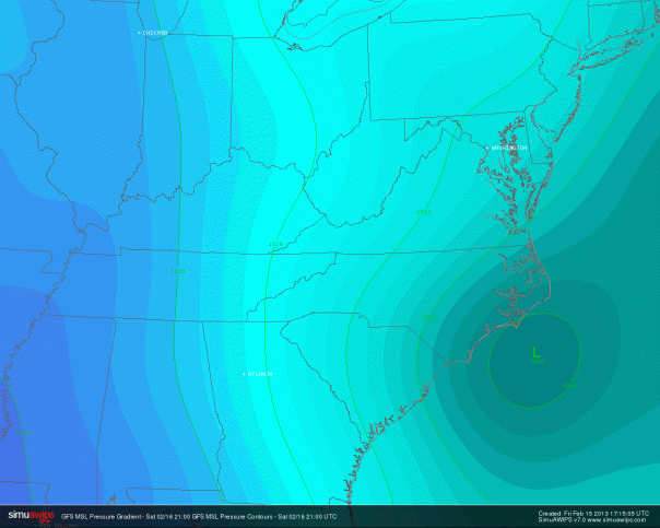 GFS Forecast of Low Pressure Location Saturday Morning