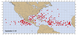 Points of tropical cyclone genesis for Sept. 1-10 in past seasons (1851-2009). These points depict named storms only; no subtropical storms or unnamed storms. (Source: NOAA)